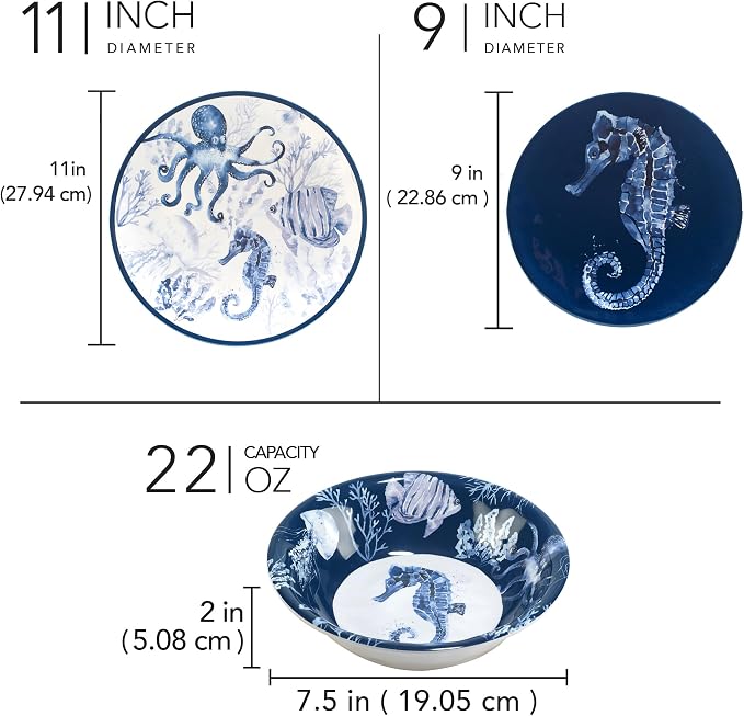 Sea Life Melamine 12 Piece Dinnerware Set – Service for 4 Coastal Themed Plates and Bowls with Ocean Art, Reusable Nautical Dinnerware for Indoor/Outdoor Dining, Dishwasher Safe, Break-Resistant