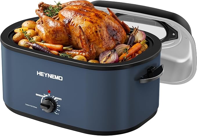 30 Quart Large Turkey Roaster with Defrost & Warm Functions, Electric Roaster Oven with Visible Self-Basting Lid, Adjustable Temperature Control, Removable Pan & Rack, Stainless Steel, Blue