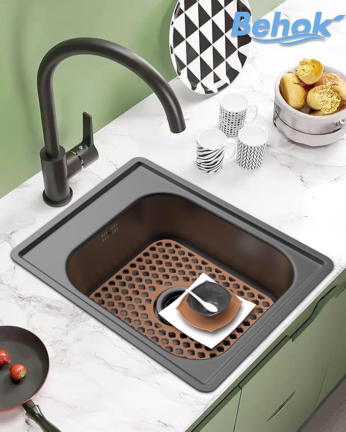 Silicone Sink Protector for Kitchen Bathroom Sink, 2 Pack 13.58"x 11.6" Heat-resistant Mat, Non-Slip and Durable Silicone Protectors, Center Drain (Coffee)