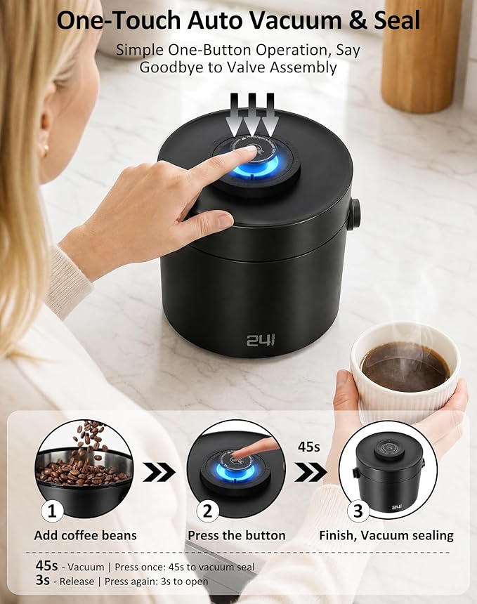 ROTTOGOON Auto Vacuum Coffee Canister, Rechargeable Airtight Coffee Container with 304 Stainless Steel Inner, Scoop, Handle,Sealed Coffee Bean Storage Container for Ground Coffee, Tea, Food, 24OZ/ 2L