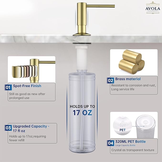 Avola Brushed Gold Sink Soap Dispenser, Solid Brass Pump Head Liquid Lotion Countertop Kitchen Bathroom Soap Dispenser with 17 OZ PET Large Bottle