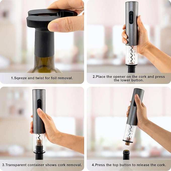 COKUNST Electric Wine Opener Set, 4-in-1 Wine Bottle Openers Set with Base, Automatic Corkscrew with Foil Cutter, Pour, Vacuum Stoppers for Home Party Wedding Bar - Battery Operated (Space Gray)