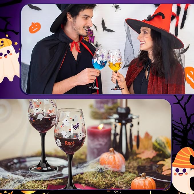 SiliFine 2 Pcs Halloween Ghost Theme Party Stemmed Wine Glasses Hand Painted Drinking Cup Wine Glasses Gifts for Halloween Birthday Theme Holiday Party Supplies