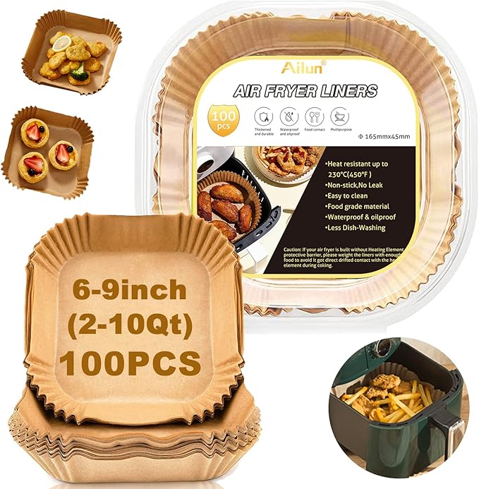 Ailun Air Fryer Disposable Paper Liners, 100PCS 6.5inch Round and Air Fryer Disposable Paper Liners, 100PCS 6.5inch Square