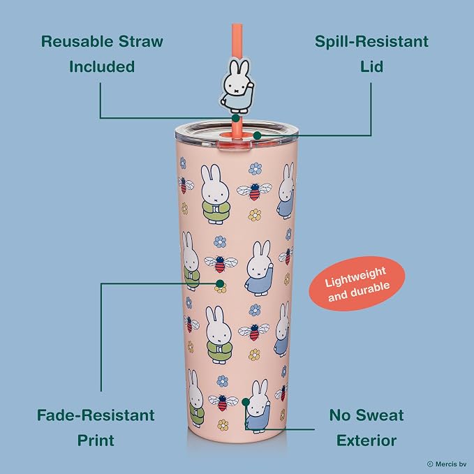 Dragon Glassware | Miffy Stainless Steel Tumbler with Straw, 24 oz - Pink | Vacuum Insulated Stainless Steel Tumbler with Straw & Lid; Double Walled Tumbler with Straw Charm; Miffy Cup with Lid