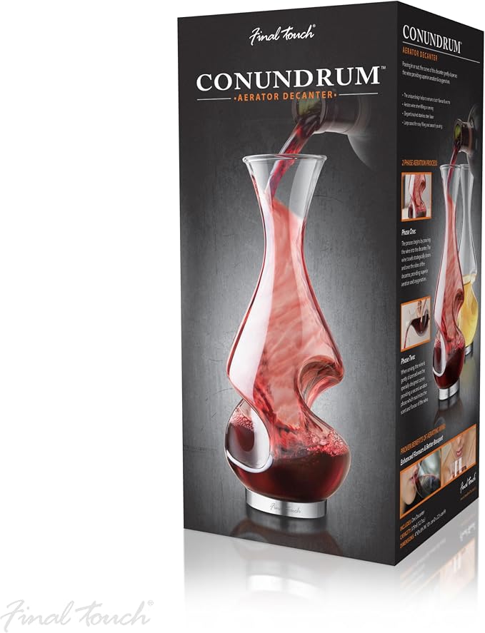 Final Touch Conundrum Wine Decanter Aerator - Superior Aeration & Oxygenation, Two-Phase Aeration Process, Enhances Flavor & Aroma, Elegant Stainless Steel Base, 375ml Capacity (WDA600)