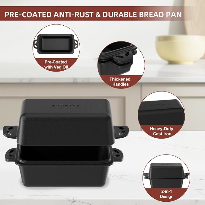 9×5 Inch Cast Iron Loaf Pan with Lid, Even Heat Distribution Bread Baking Pan for Sourdough, Homemade Bread, Cake & Meatloaf, 2 Piece Set