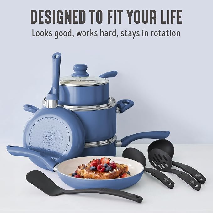 GreenLife 16-Piece Nonstick Cookware Set, Non-Toxic Ceramic Pots and Pans Set, Durable Healthy Kitchen Essentials, Fast Heating, Induction Ready, Easy Clean Dishwasher Safe, PFAS-Free, Slate Blue