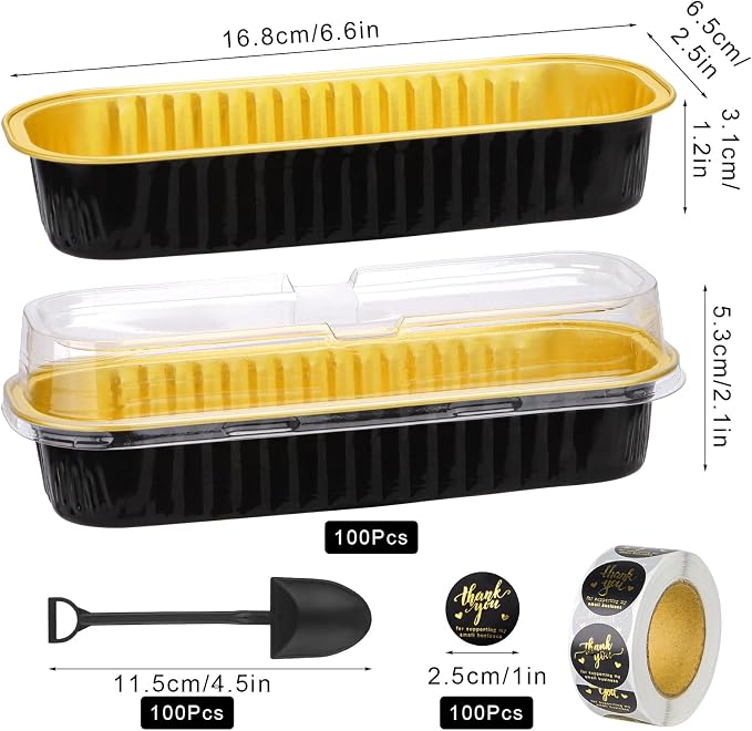 100Pack Aluminum Foil Mini Loaf Pans With Lids, 6.8 Oz Rectangle Baking Cups Muffin Tins,Disposable Pans Holders For Brownie Cake Bread -Black In Gold