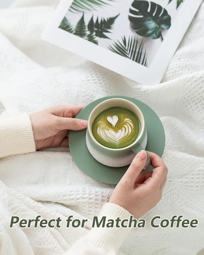 ZENS 8 Ounce Artistic Cappuccino Cups Set of 2, Embossed Ceramic Coffee Mug with Saucers for Latte Art, Moss Green & White