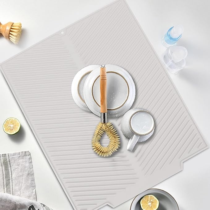 Draining Board Mat, Non Slip Silicone Dish Drying Mat Flume Drain Board Drainer Mat for Kitchen Countertop Tabletop Accessories (White)
