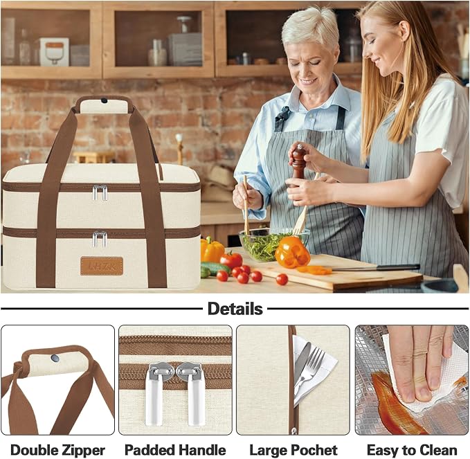 LHZK Double Decker Insulated Casserole Carrier for Hot or Cold Food, Expandable Hot Food Carrier, Lasagna Holder Tote for Potluck Parties, Picnic, Beach, Fits 11 x 15 or 9 x 13 Baking Dish (Beige)
