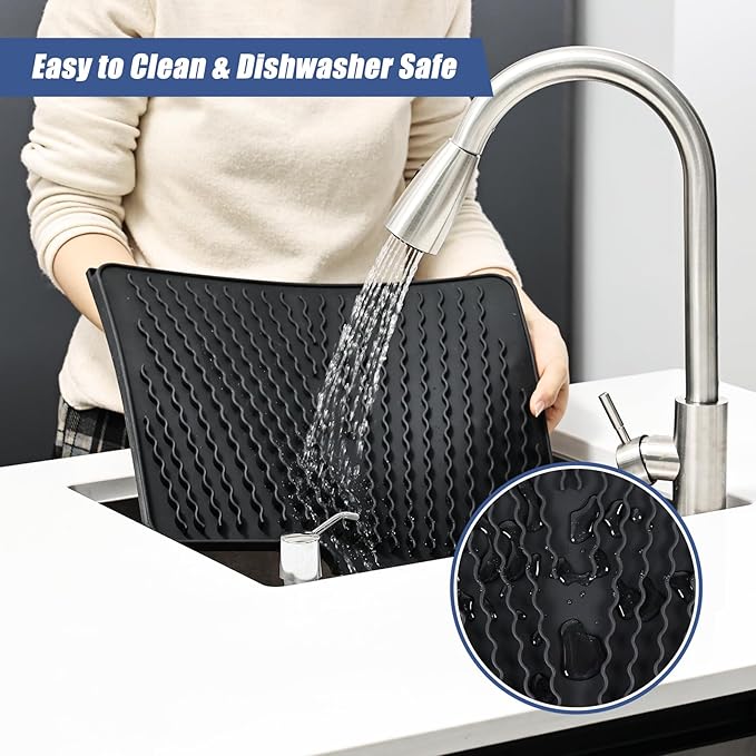 Silicone Dish Drying Mat for Kitchen Counter, Heat-resistant Dish Dryer Mat with Built-in Drain Lip ,Drain Pad Protects Surfaces Prevents Water Build UP (23.6" x 15.7", Black -1pcs)