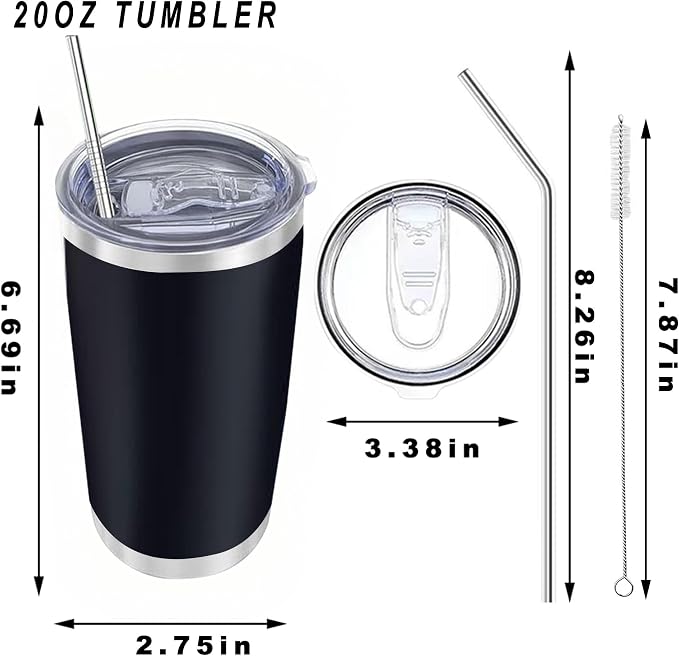 20oz insulted tumblers stainless steel cup Tumbler Bulk with push Lid, and metal straw powder coated coffee cup for cold and hot drinking (48, black)