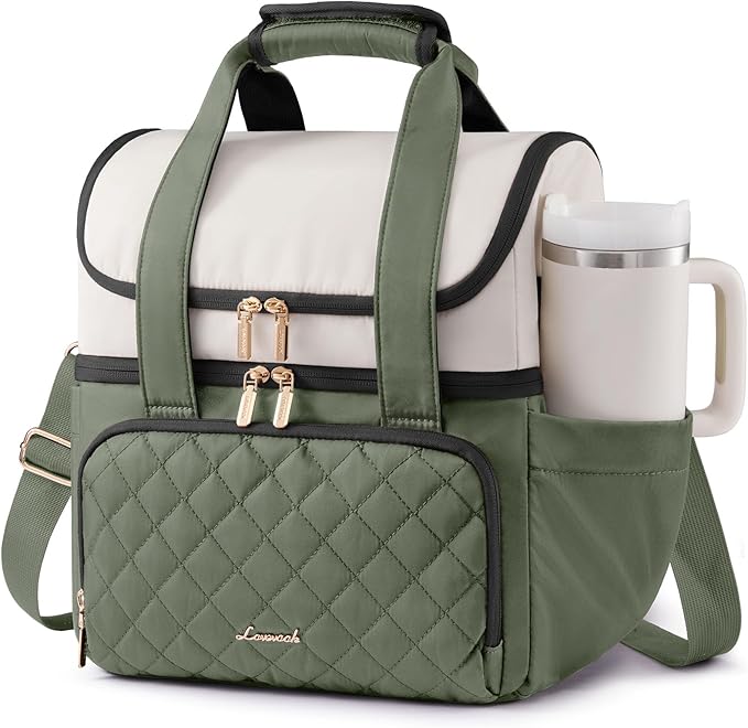 LOVEVOOK Insulated Lunch Bag For Women,X Large Double Deck Adult Lunch Box,Teacher Lunch Tote Bag With Cup Holder,Leakproof Cooler Bag With Adjustable Shoulder Strap For Work Picnic Beach,Larger 24L