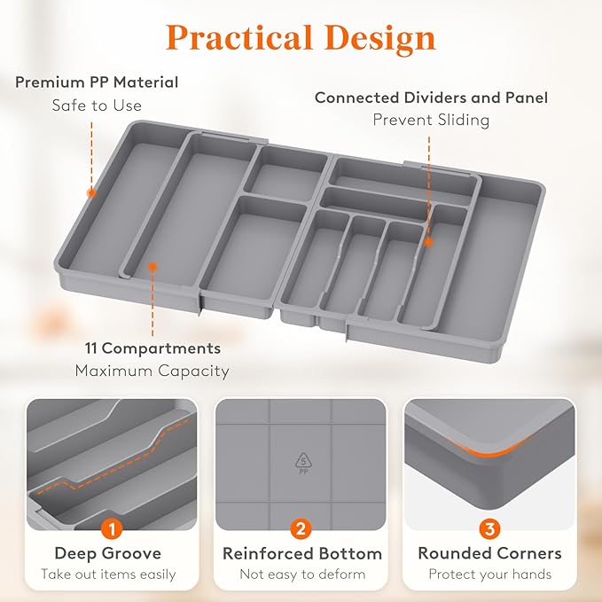 Lifewit Silverware and Cooking Utensil Drawer Organizer Set – Expandable Adjustable Plastic Storage for Cutlery, Flatware, Spoons, Forks, Knives, and Kitchen Tools, BPA-Free, Gray