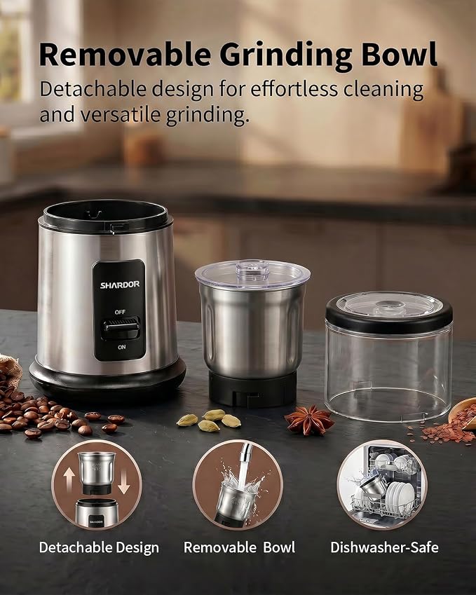 SHARDOR Quiet Coffee Grinder Electric, 70g Removable Bowl Spice Grinder for Coffee Beans, Seeds and Grains, Super Silent Grinding Mill with 60dB Low Noise, 2.5oz Capacity, Silver