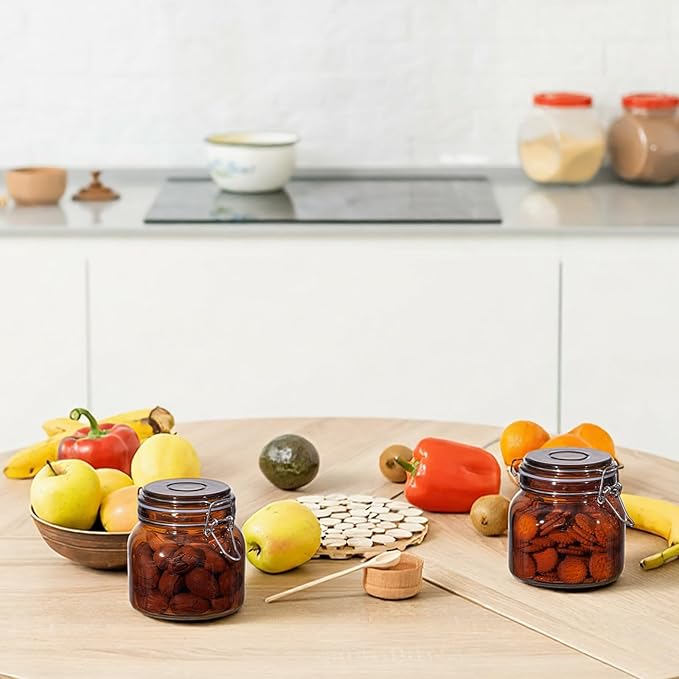 Norme 6 Pack 25oz Amber Airtight Glass Jars with Lids, Square Food Storage Container Airtight Food Wire Clip Fastening for Sauerkraut Flour Kitchen Sugar Cereal Kitchen Canning Pickling Mason Jars