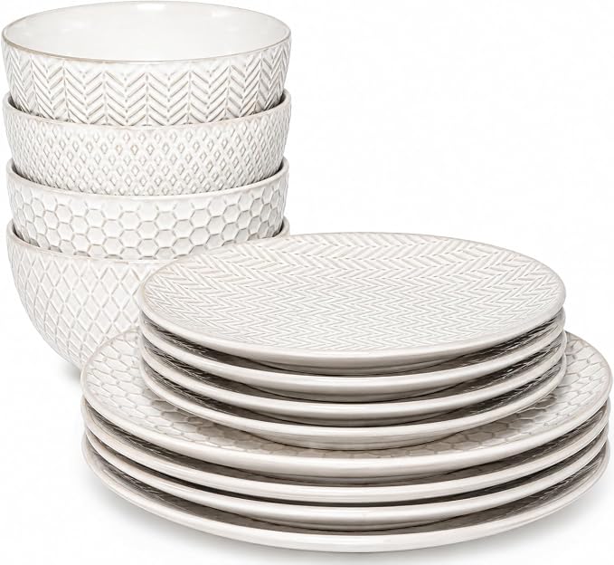 Gibson Elite Oyster Tide Embossed 12 Piece (Service for 4) Plates and Bowls Reactive Glaze Round Dishes Stoneware Ceramic Dinnerware Set, White