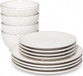 Gibson Elite Oyster Tide Embossed 12 Piece (Service for 4) Plates and Bowls Reactive Glaze Round Dishes Stoneware Ceramic Dinnerware Set, White