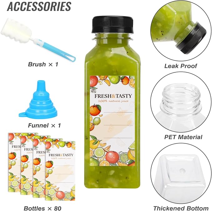TOMNK 80pcs Juice Bottles, 12oz Reusable Plastic Juice Bottles with Caps and Labels, Funnel, Brush Beverage Containers for Juicing, Smoothies, Tea, Milk