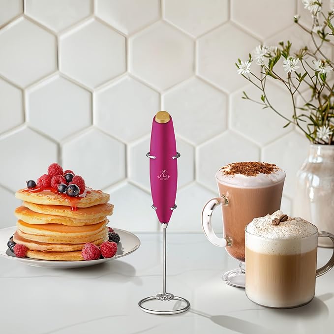 Zulay Kitchen Powerful Milk Frother Wand With 4 AA Duracell Batteries - Ultra Fast Handheld Drink Mixer - Electric Whisk Foam Maker for Coffee, Lattes, Cappuccino, Matcha & Creamer - Hot Pink Gold