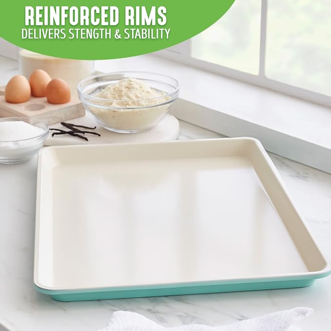 GreenLife 13" x 9" Quarter Sheet Baking Pans, 2 Piece Bakeware Set, PFAS-Free Ceramic Nonstick Rectangular Cookie Trays, Oven Safe to 450°F, Even Heating, Easy Clean Ovenware, Turquoise (Pack of 6)