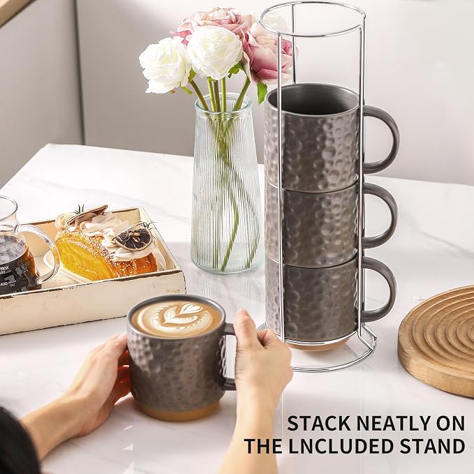 Nihow Ceramic Coffee Mug Set of 4, 16OZ Stackable Coffee Mug Set with Stainless Stand,Large Cup Set for Cappuccino,Tea,Hot/Cold Drinks,Dishwasher & Microwave Safe,Matte Gray