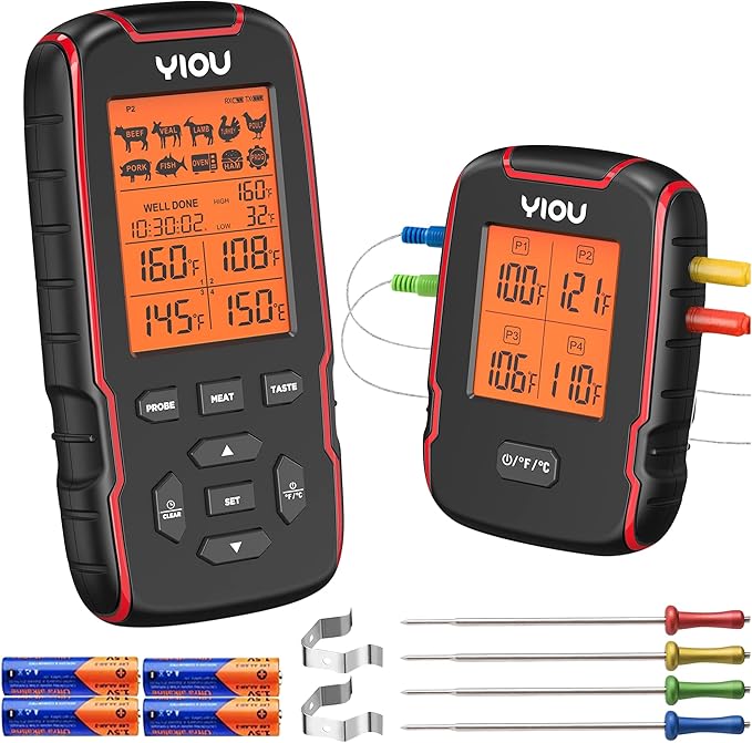 YIOU Wireless Meat Thermometer for Cooking, Digital Meat Thermometer with 4 Probes, 500FT Ultra Accurate & Fast Food Thermometer for Oven, Smoker, Red