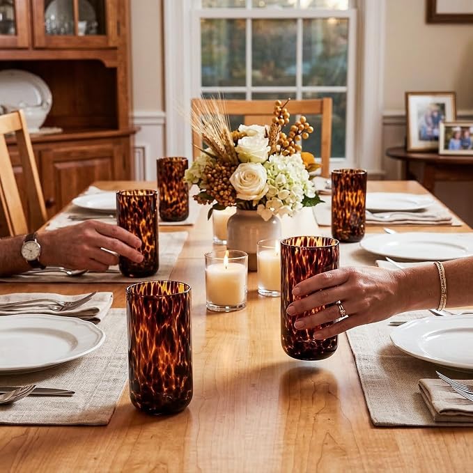 Tortoise Shell Drinking Glasses Set of 4, Brown Decorative Tortoise Shell Tumbler Cups for Wine & Drinks，Drinking Glasses for Wedding Gifts, Housewarming, Cocktail Party (6, 15oz)