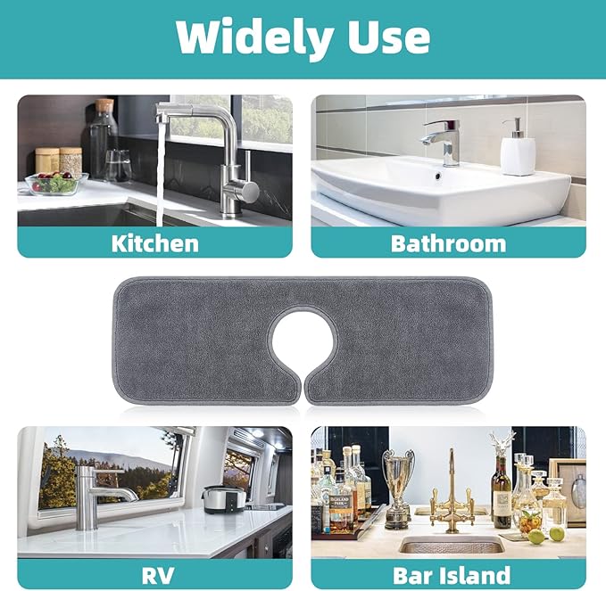 PoYang 4 Pack Faucet Mat for Kitchen Sink Splash Guard Short: Super Absorbent Microfiber Sink Water Splash Guard Behind Kitchen Faucet Mat for Bathroom, RV Protector, Machine Washable 17.7'' x 4.7''