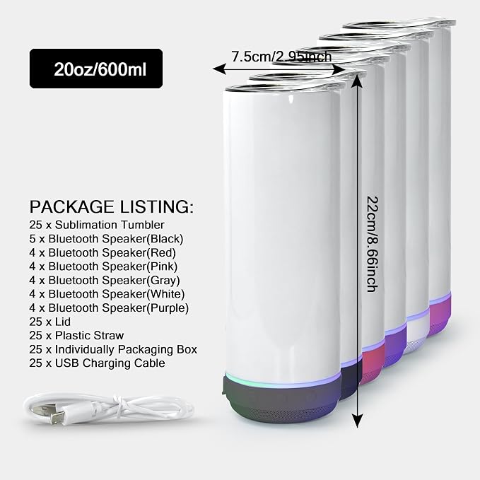 sweet grain Music Speaker Tumbler(25Pack) - 20 oz Sublimation Tumbler Skinny Straight with Speaker, Straw & USB Charging Cable, Music Tumbler Cup - Mix Colors
