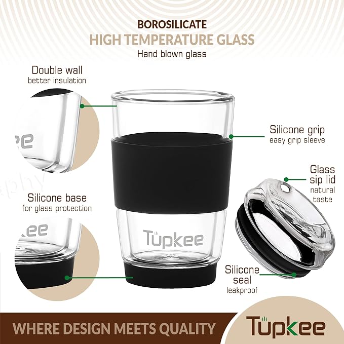 Double Wall Glass Tumbler - 8-Ounce, All Glass Hand Blown Reusable Insulated Tea/Coffee Mug & Lid, Travel Mug - Black