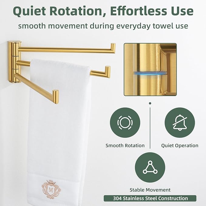 Aomasi Brushed Gold Swivel Towel Rack, 304 Stainless Steel 3-Arm Rotating Bathroom Towel Bar, Rustproof Space-Saving Holder for Kitchen, RV, Laundry Room