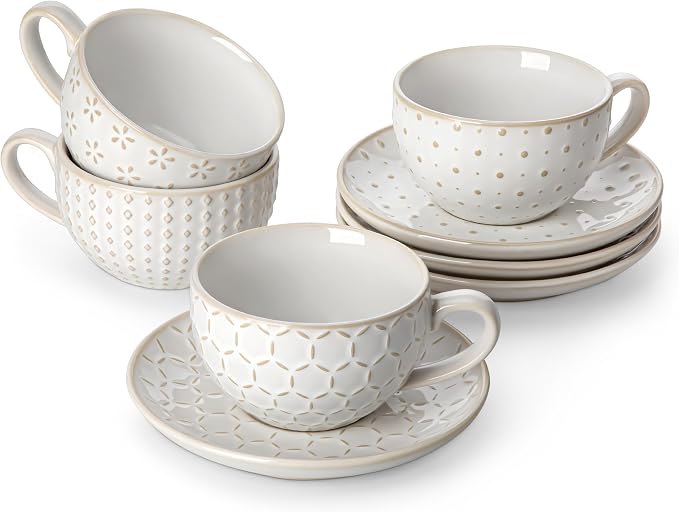 MALACASA 8 OZ Cappuccino Cups with Saucers Set of 4 - Ceramic Stackable Tea Cups and Saucers, Embossment Coffee Mugs for Tea, Latte and Mocha, Dishwasher Safe, Arctic white, LYDIA Series