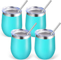 Volhoply 12oz Stainless Steel Wine Tumbler with Lid Bulk 4 Pack,Double Wall Vacuum Stemless Wine Glasses,Reusable Metal Travel Coffe Mug with Straw,Insulated Cup Gifts for Women,Christmas（Green,4 Set）