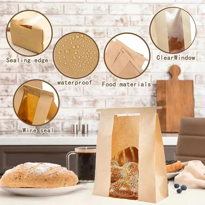 100 Pcs(13.7x8.2x3.5 in) Paper Bread Bags for Homemade Bread, Sourdough Bread Bags with Window, Sourdough Storage Bags for Bread Packaging includes 500 Cute Seal Stickers