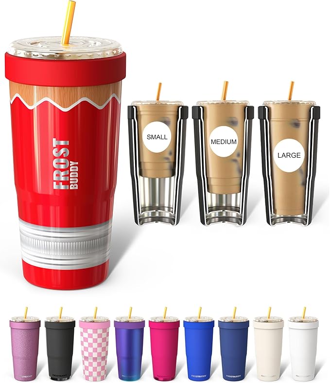 Frost Buddy Togo Buddy 30 oz Stainless Steel Vacuum Insulated Tumbler To Go Coffee Cup – Iced Coffee Cups, Iced Coffee Sleeve, Travel Mug, Thermal Cup for Hot & Cold Drinks, Dunkin Cup (Red Pencil)