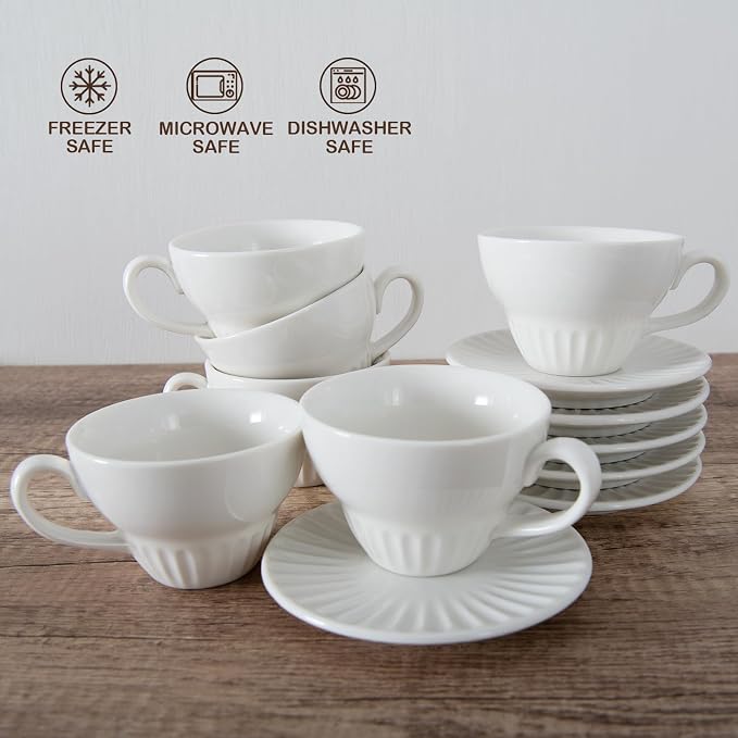 2 oz Espresso Cups Set of 6, Ceramic Cappuccino Cups with Saucers, Stackable Coffee Cup for Macchiato, Double shot, Tea, Coffee Lover Gifts, White