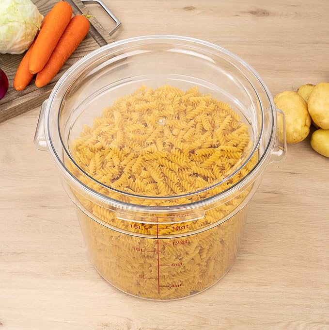 Restaurantware Met Lux 18 Quart Food Storage Container, 1 Round Commercial Storage Container - Lid Sold Separately, With Volume Markers, Clear Plastic Food Prep Bucket, Space-Saving Storage