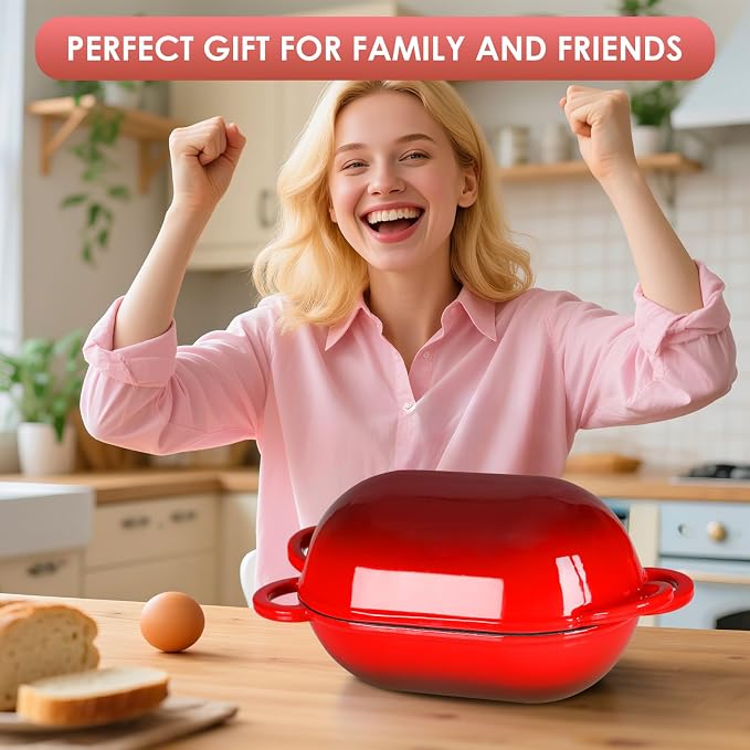 LIFERUN 2.5qt Enameled Cast Iron Dutch Oven for Sourdough Bread Baking, Oven Safe Dutch Oven Pot with Lid, Non-Stick Bread Oven Pot, Red