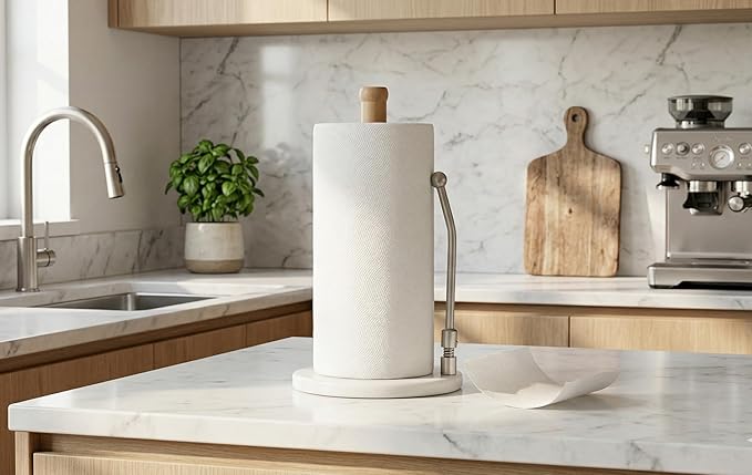 Spiretro Elegant Marble & Wood Paper Towel Holder – Real White Marble Base, Natural Wood Rod & Stainless Steel Tension Arm – Jumbo Roll Compatible – 7.75" W x 7.75" D x 13.25" H