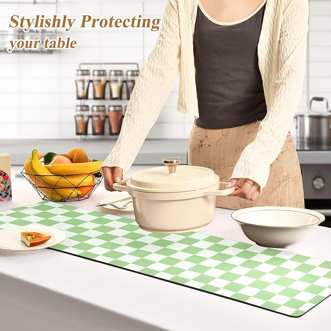 2-in-1 Table Runner Trivet for Hot Dishes Heat Resistant Hot Plate Mat Pad 39x12 Inch Waterproof Table Protector Trivets for Countertop Non Slip Decorative Checkered Green