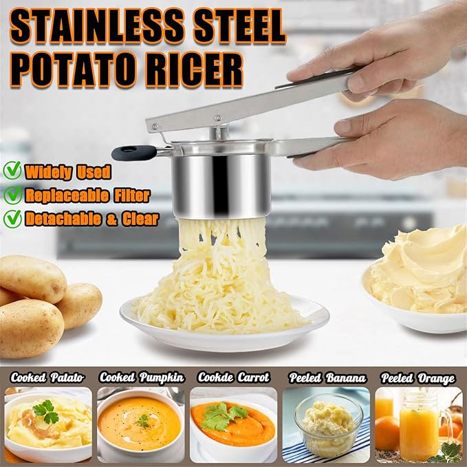 Large 15oz Potato Ricer, Stainless Steel Potato Masher and Ricer Kitchen Tool, Heavy Duty and Durable for Effortless Mashing - with Spoon and Fork Set