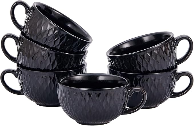 Coffeezone Set of 6 Cups Vintage Design 12 oz Professional Barista Ceramic Latte Art Cappuccino Cups Set (Embossed Black * 6)