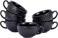 Coffeezone Set of 6 Cups Vintage Design 12 oz Professional Barista Ceramic Latte Art Cappuccino Cups Set (Embossed Black * 6)