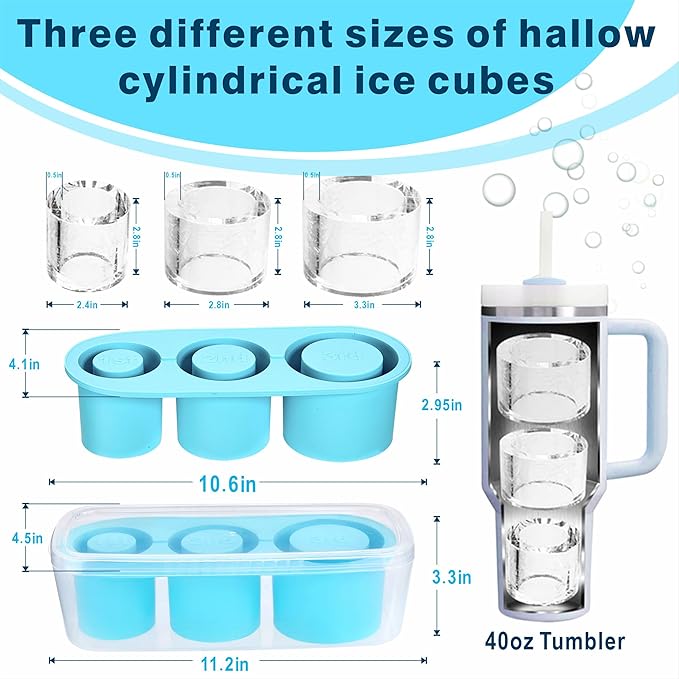 1pc Tumbler Ice Tray for Stanley/Yeti/Simple Modern etc. 40oz Tumblers, Silicone Ice Cube Tray for Tumblers with Bin and Lid, Blue