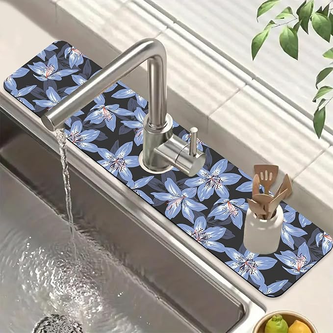 Blooming Lily Sink Splash Guard Faucet Mat Blue Lily Flowers Super Absorbent Fast Drying Mat Sink Gadgets-Splash Guard Behind Faucet Drip Catcher for Kitchen Bathroom, 23.5"x5.5"