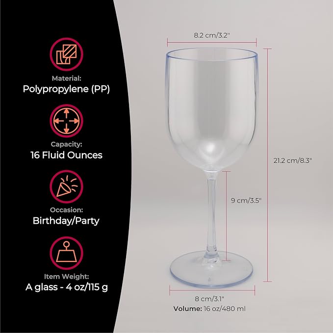 FOX & GRAPES Plastic Stemmed Wine Glasses | Unbreakable/Shatterproof, Reusable, Food Safe, Dishwasher Safe, For Birthday and Party, 16oz (Clear, Set of 12)