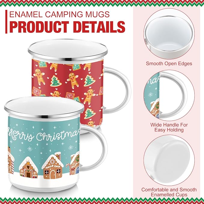 Sliner 12 Pcs Christmas Enamel Mugs, 12 oz Coffee Mugs Bulk Hot Chocolate Mug Set Cute Enamel Tea Cups Winter Holiday Christmas Employee Gift for Family Coworkers (Gingerbread Carnival)
